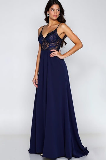 Navy Lace Spaghetti Straps A Line Formal Dress